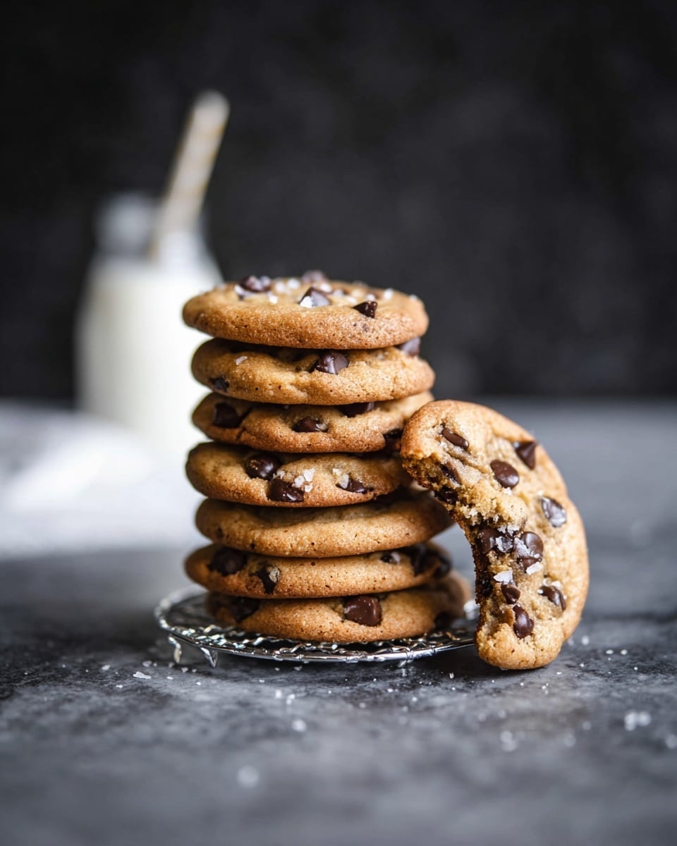 A stack of seven round, golden brown chocolate chip cookies is placed on a small silver cooling rack on a dark gray surface. The cookies each have visible dark brown chocolate chips scattered on their surfaces, with one cookie leaning against the stack showing a bite taken out of it, revealing a soft inside with more chocolate chips. Salt flakes are sprinkled sparsely on the bitten cookie. In the blurred background, there is a glass milk bottle with a white straw. The background and surface have been changed to a white marbled texture. Photo taken with an iphone --ar 4:5 --v 7