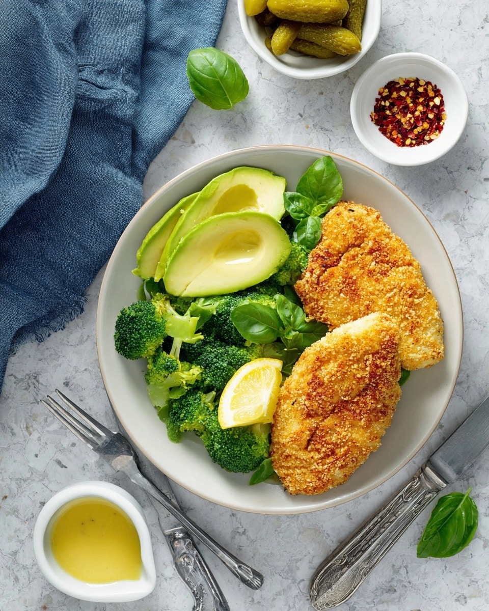 A white plate shows two pieces of golden-brown crispy breaded chicken placed on the right side. On the left side, bright green broccoli florets create a fluffy bed topped with three slices of creamy green avocado and a yellow lemon wedge. Fresh green basil leaves rest gently on the broccoli for added color. Around the plate, the white marbled surface holds a small white bowl with green pickle slices, a small dipping cup of yellow sauce, a small white dish with red chili flakes, and a silver knife and fork. A blue cloth napkin is folded nearby, photo taken with an iphone --ar 4:5 --v 7