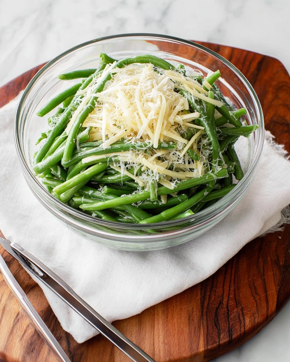 A clear glass bowl holds a fresh green bean salad with three visible layers: the bottom layer shows a pile of long, bright green beans with a smooth texture, the middle layer consists of shredded light yellow cheese, and the top layer is sprinkled with fine, white grated cheese. The bowl is placed on a white cloth, which rests on a wooden cutting board with a rich brown color and visible grain. Two silver tongs with black handles are placed near the bowl on the cloth. The background is a white marbled texture. photo taken with an iphone --ar 4:5 --v 7