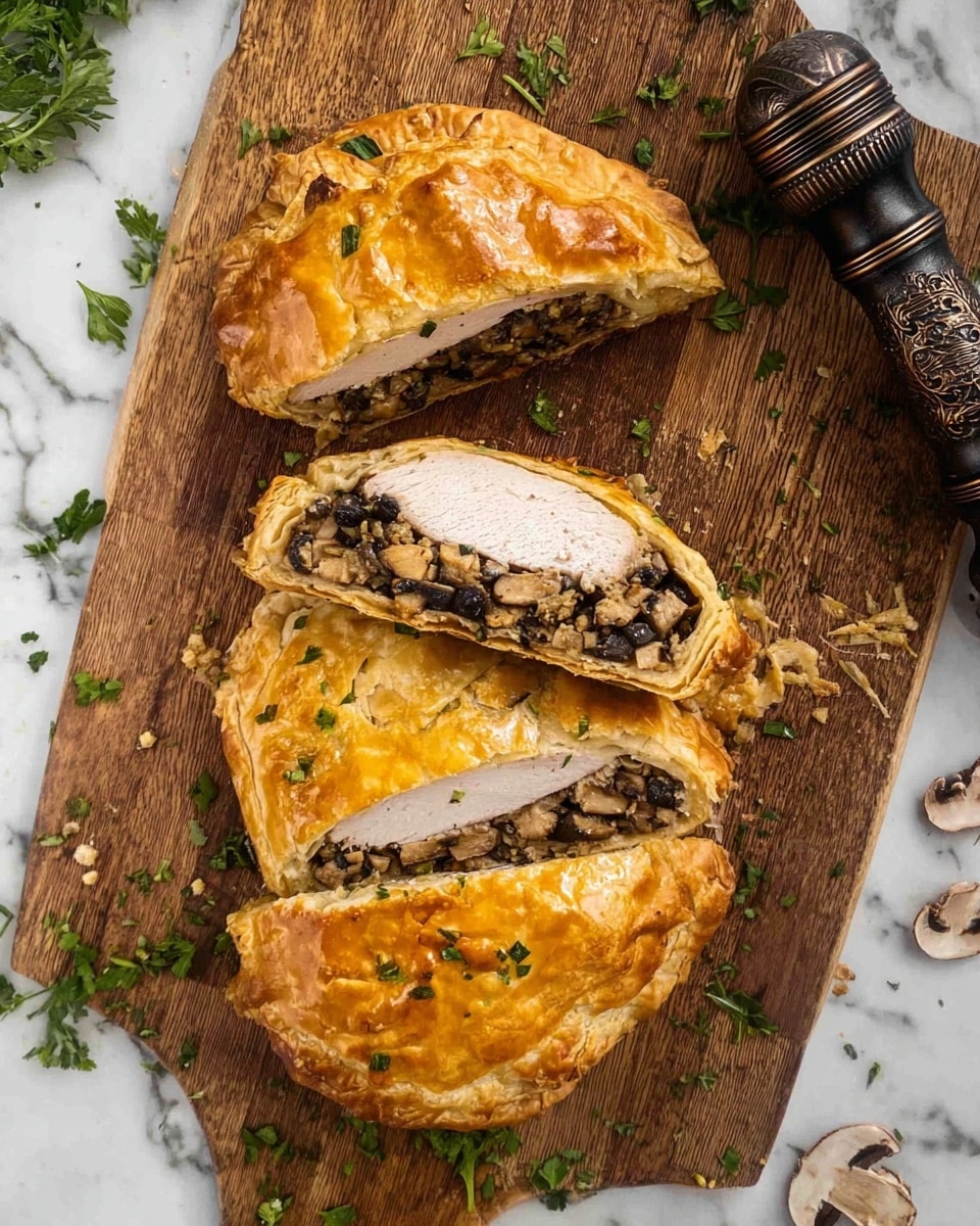 The image shows a wooden board with four pieces of a baked pastry, each piece revealing three layers: a golden brown, flaky crust on the outside, a middle layer of dark chopped mushrooms mixed with herbs, and a thick piece of white cooked meat in the center. The top of the crust has a shiny, slightly cracked texture, and small green herb pieces are scattered on and around the board. To the right side of the board, there is a dark, ornate pepper grinder. The background surface is white marbled. photo taken with an iphone --ar 4:5 --v 7