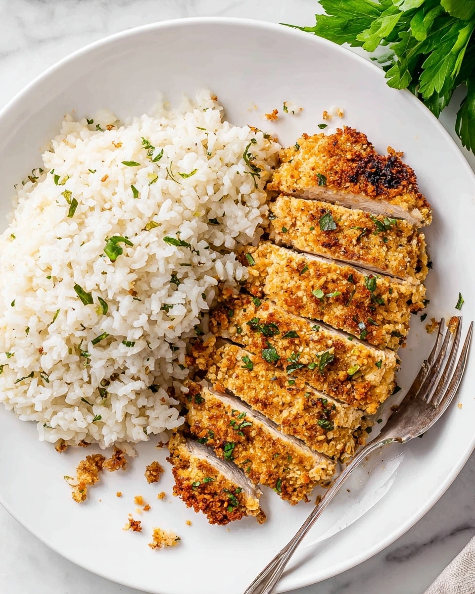 The dish shows a white plate with two parts: on the left is a mound of fluffy white rice mixed with small green herbs scattered evenly throughout. On the right side are slices of golden brown baked meat with a textured crispy crust, placed side by side in a neat row. The crispy meat coating has a mix of light golden and deeper brown spots with specks of green herbs on top. A silver fork rests on the edge of the plate next to the meat, and some small crumbs and herbs are scattered sparingly around the plate. The plate sits on a white marbled surface with a piece of green leafy herb at the top right corner. Photo taken with an iphone --ar 4:5 --v 7