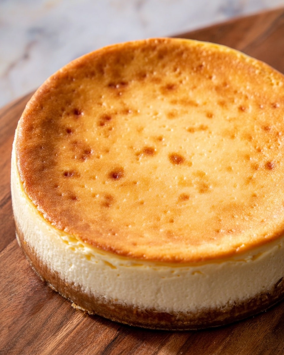 The image shows a round cheesecake with a golden brown top layer that is smooth and slightly porous. The top layer has light spots of deeper golden color scattered evenly. The cheesecake's side displays a thick pale cream layer resting above a darker brown crust layer at the bottom. The cake sits on a white marbled surface with subtle wood texture blurred in the background. photo taken with an iphone --ar 4:5 --v 7