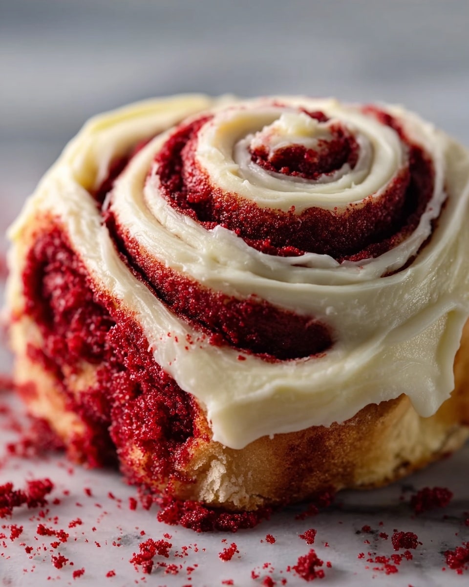 A close-up of a single cinnamon roll with two visible layers spiraled from the center. The inner layer is a rich dark red color with a soft, crumbly texture, while the outer layer is creamy white icing with a smooth and slightly shiny appearance, spread thickly on top and winding around the roll. The roll sits on a white marbled surface with some red crumbs scattered gently around it. photo taken with an iphone --ar 4:5 --v 7