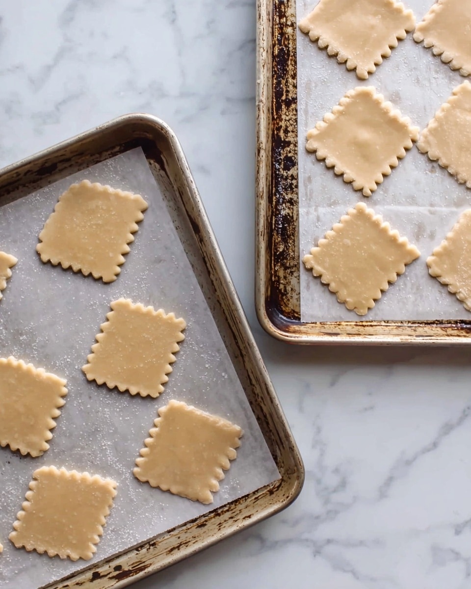 Two old metal baking trays rest on a white marbled surface, each lined with parchment paper. On the trays, there are several diamond-shaped dough pieces with scalloped edges, light beige in color, evenly spaced in rows. The dough pieces have a smooth texture and look unbaked, ready to go into the oven. The trays show some wear with darkened spots and marks. photo taken with an iphone --ar 4:5 --v 7