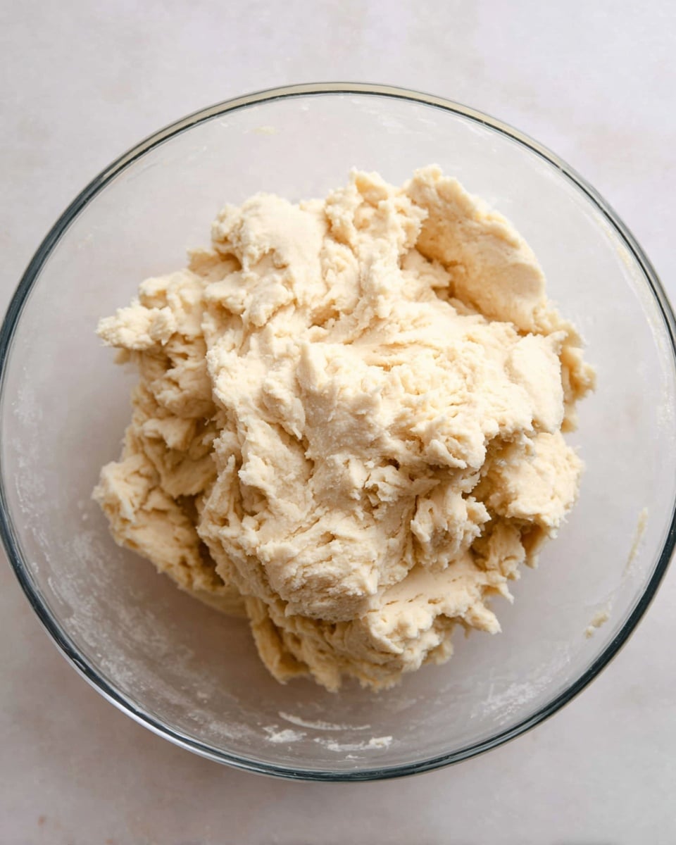 The image shows a clear glass bowl filled with a large mound of light beige dough or batter. The dough has a rough, uneven texture with visible lumps and soft peaks. The bowl is placed on a white marbled surface which contrasts softly with the dough's color. The overall look is simple and natural, focusing on the dough without any additional items in the scene. photo taken with an iphone --ar 4:5 --v 7