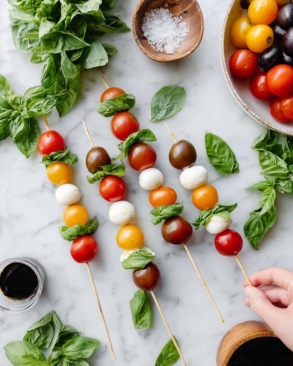 Several small skewers lie flat on a white marbled surface, each with four layers: a round cherry tomato on top, a fresh green basil leaf under it, a white mozzarella ball below the leaf, and another round cherry tomato at the bottom in red, yellow, or darker brownish-red colors. Around the skewers, fresh green basil leaves are scattered. In the top right corner, a white bowl holds a mix of red, yellow, and dark cherry tomatoes on the vine, and a small round wooden bowl to its right contains coarse salt. In the top left corner, a small glass bowl of fresh basil and a cup of dark balsamic vinegar are partly visible. A woman's hand holds a skewer near the bottom right corner. photo taken with an iphone --ar 4:5 --v 7