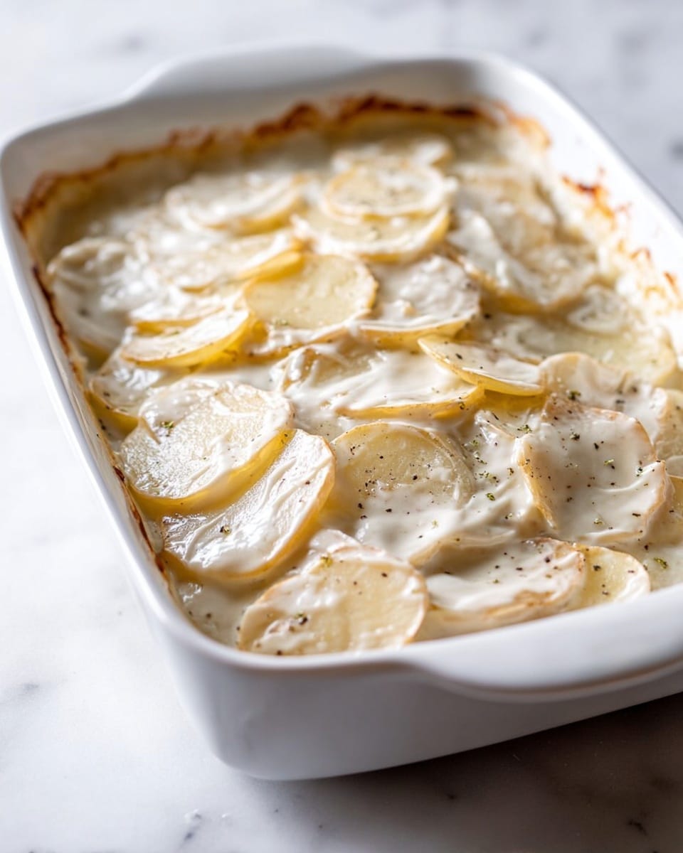 This image shows a white rectangular baking dish filled with thin slices of potatoes layered evenly and covered in a creamy white sauce. The potato layers are visible under the smooth sauce, with some edges slightly folded and soft in texture. The dish looks rich and moist with a few specks of seasoning scattered throughout the layers. It sits on a white marbled surface. Photo taken with an iphone --ar 4:5 --v 7