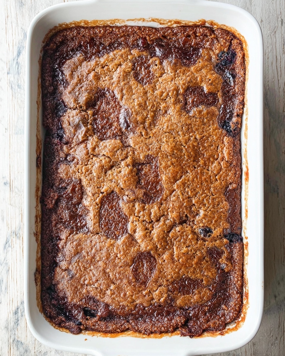 A rectangular white baking dish filled with a top layer of baked dessert that has a cracked, textured surface in shades of brown, showing some darker spots around the edges and lighter brown patches in the center. The dessert looks dense with a slightly rough crust, and there are hints of dark fruit visible under the crust near the corners. The dish is placed on a white marbled surface, and the edges of the dessert appear slightly uneven with some bubbling in the darker areas. photo taken with an iphone --ar 4:5 --v 7