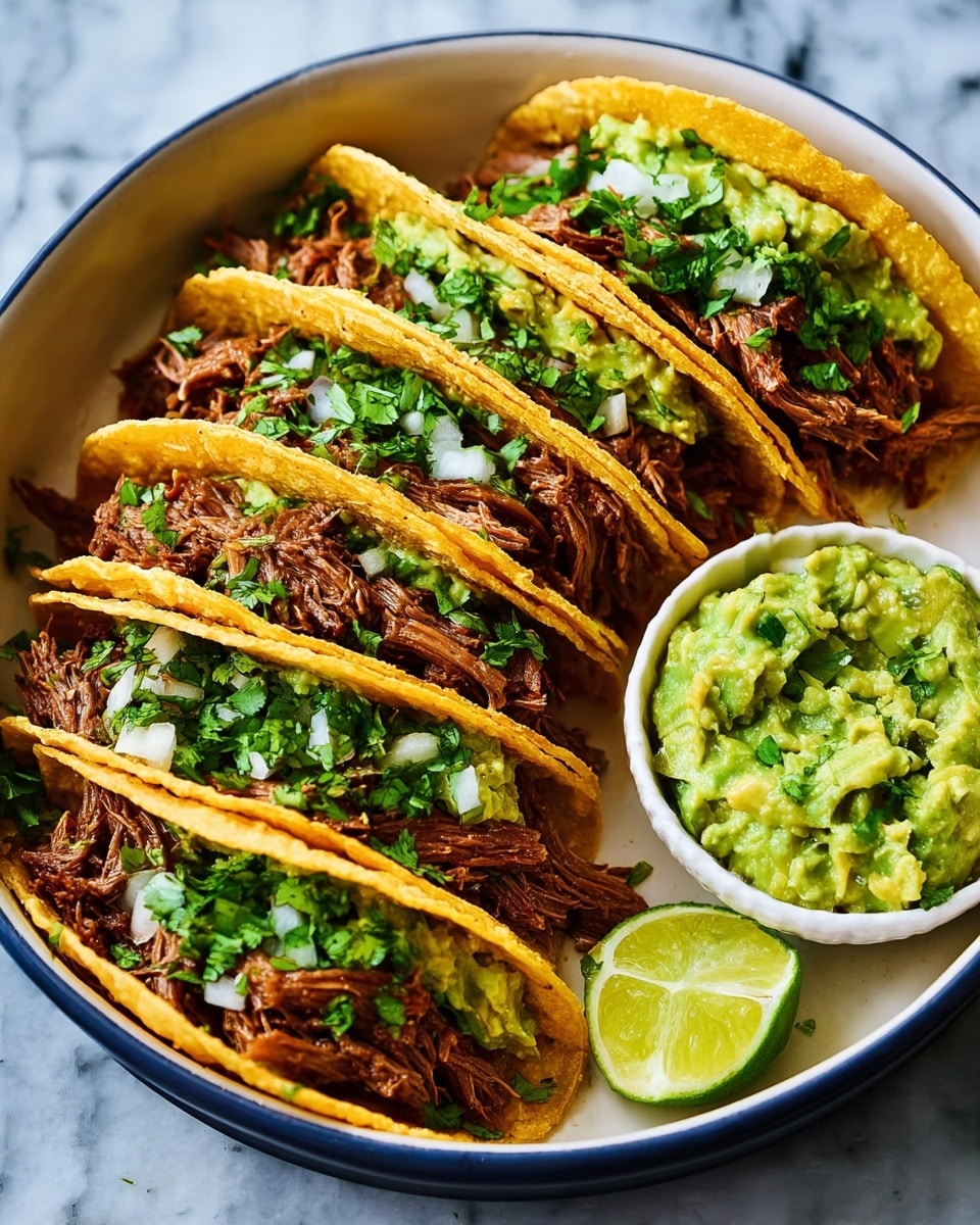 The image shows a white round bowl filled with six small yellow corn tortillas standing upright. Each tortilla has three layers: a bottom layer of bright green chunky guacamole, a middle layer of shredded brown cooked meat, and a top layer of chopped fresh green cilantro and small white onion pieces. To the right inside the bowl, there is a small white bowl filled with mashed green guacamole and a bright yellow lime wedge next to it. The surface underneath is a white marbled texture. photo taken with an iphone --ar 4:5 --v 7