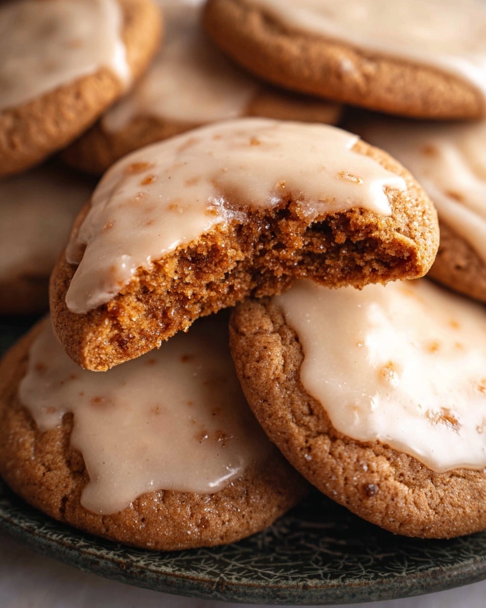 The image shows several round cookies with a rough, textured light brown base layer and a smooth, glossy light beige icing spread on top. One cookie is broken in half, showing its soft, crumbly inside that matches the brown color of the outside base. The cookies are stacked and closely placed on a dark plate with a subtle pattern, sitting on a white marbled surface. The light beige icing lightly drips down some edges, giving a fresh and moist look. Photo taken with an iphone --ar 4:5 --v 7
