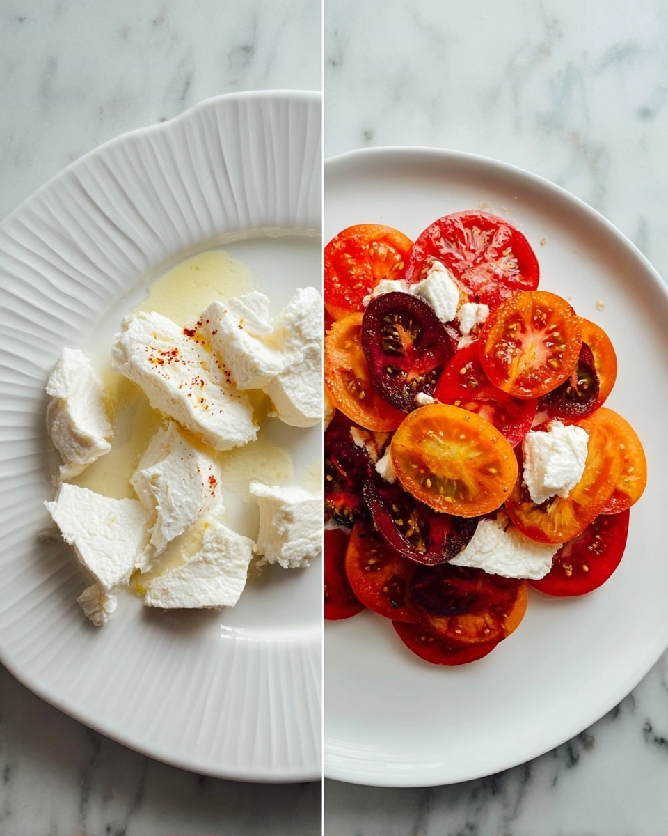 On a white fluted oval plate placed on a white marbled surface, there is a colorful salad made of two main layers. The bottom layer is formed by round slices of red, orange, and dark red heirloom tomatoes, overlapping each other and showing smooth, slightly shiny textures with visible seeds and veins inside. The second layer consists of irregular dollops of soft white cheese with a creamy, textured look scattered evenly over the tomato slices. The whole dish looks fresh and vibrant with colors contrasting beautifully against the white plate and marbled surface. Photo taken with an iphone --ar 4:5 --v 7