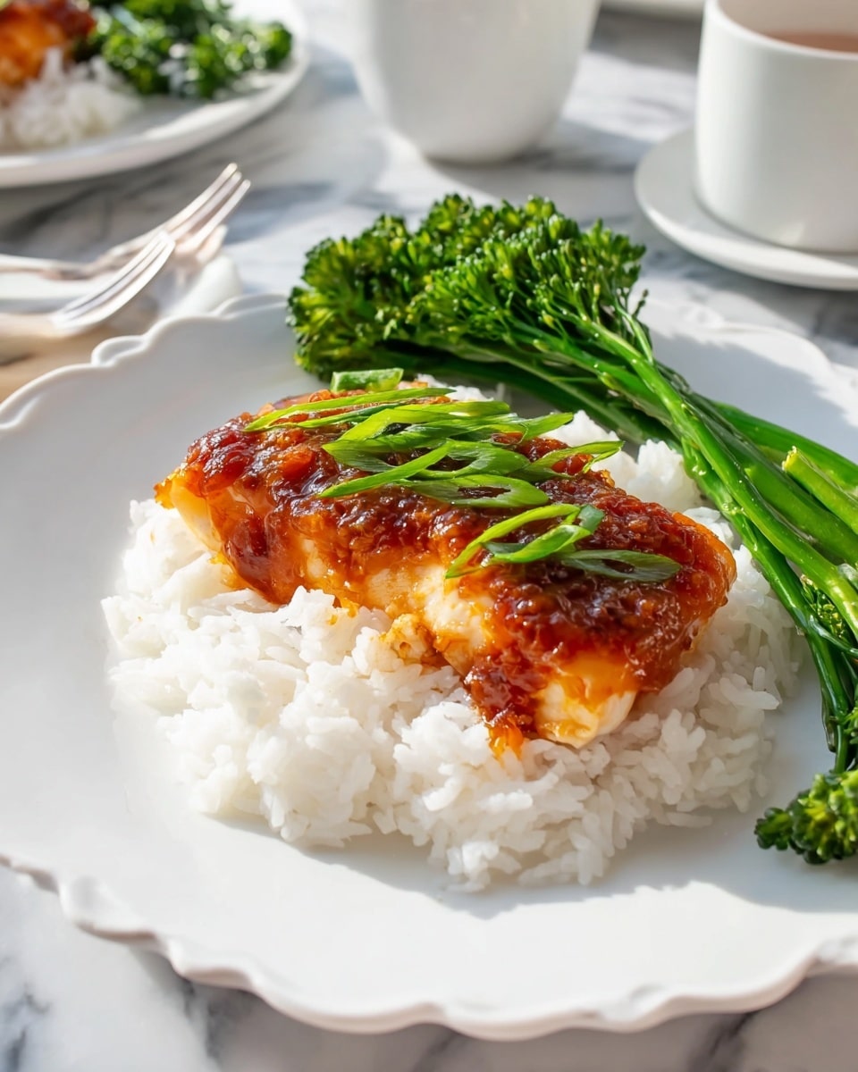 A white scalloped plate shows three layers: the bottom layer is white fluffy rice, the middle layer is a piece of orange-glazed cooked fish with a shiny, slightly sticky texture, and the top layer has thin green slices of green onion scattered on the fish. To the side, there is a small bunch of bright green broccolini with a fresh and crisp look. The plate sits on a white marbled surface with a blurred white cup and another plate partially visible in the background. The lighting is bright and natural, highlighting the food's colors and textures. photo taken with an iphone --ar 4:5 --v 7