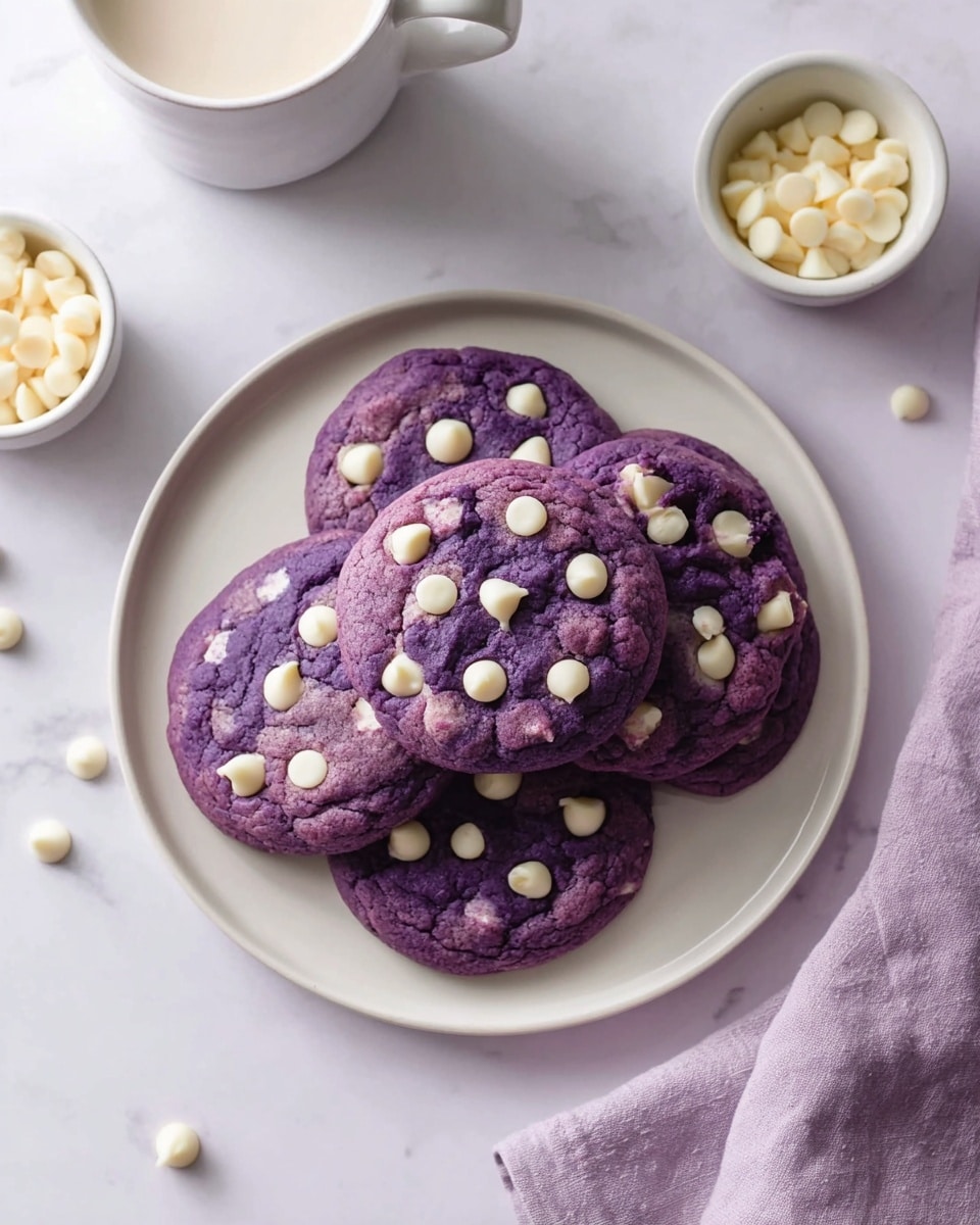 A white round plate holds six purple cookies, each dotted with white chocolate chips scattered unevenly across their soft, slightly wrinkled surfaces. The cookies are stacked in layers, with some overlapping each other, and the vibrant purple contrasts with the creamy white chocolate chips. Nearby, a white cup filled with milk sits on a white marbled surface, along with a small white bowl containing more white chocolate chips. A folded light purple cloth napkin lies to the right of the plate, adding a soft texture to the scene. photo taken with an iphone --ar 4:5 --v 7