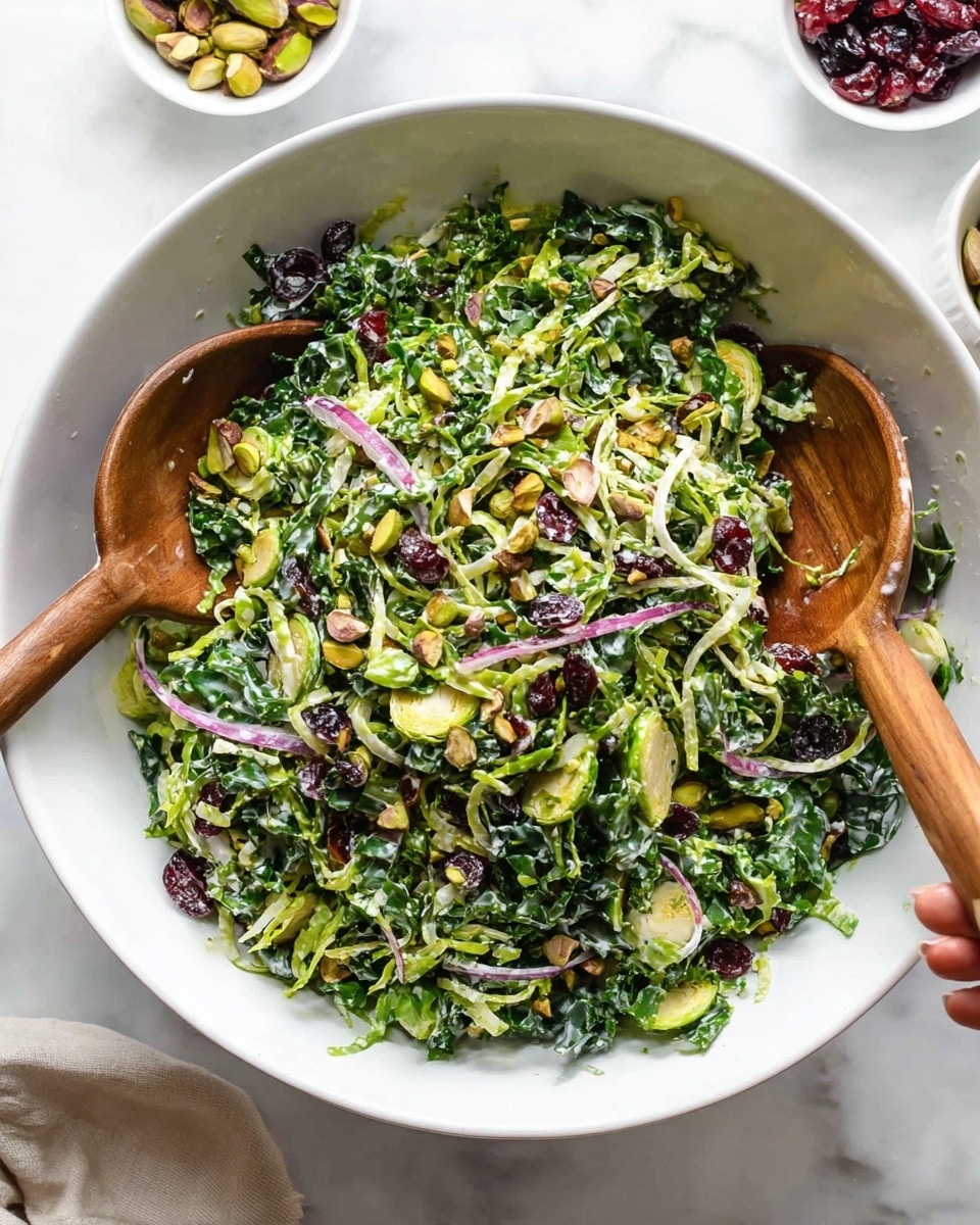 A large white bowl filled with a fresh salad showing about four layers: the base is shredded dark green kale and light green shredded Brussels sprouts, mixed evenly throughout, with thin slices of purple-red onion scattered on top. Small brownish-green pieces of pistachio nuts and bright red dried cranberries are spread across the salad, adding texture and color contrast. The salad is lightly coated with a creamy dressing that adds a slight shine to the greens. Two wooden salad spoons rest in the bowl, one held by a woman's hand entering from the left side. The background is a white marbled surface, with small white bowls containing more cranberries and nuts partially visible. photo taken with an iphone --ar 4:5 --v 7