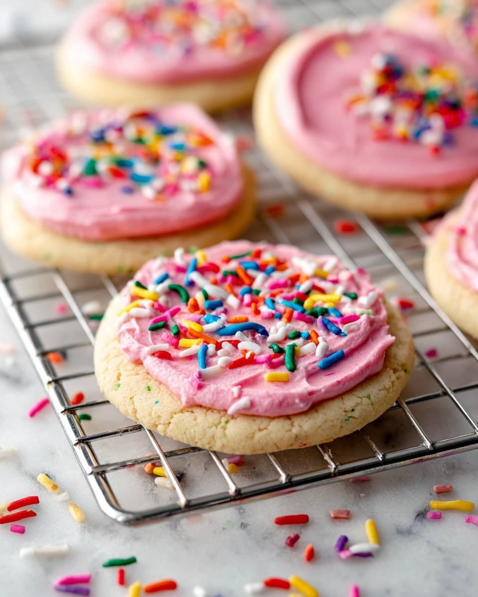 A close-up view of a round cookie with one bite taken out of it, showing a soft, crumbly light beige base layer. On top, a thick layer of smooth, pink frosting is spread evenly, with a slightly textured surface. The frosting is topped with scattered colorful sprinkles in various shapes, including cylindrical pieces in bright colors like blue, green, yellow, orange, red, purple, and white. The cookie rests on a white marbled surface, with some stray sprinkles around it. Photo taken with an iphone --ar 4:5 --v 7