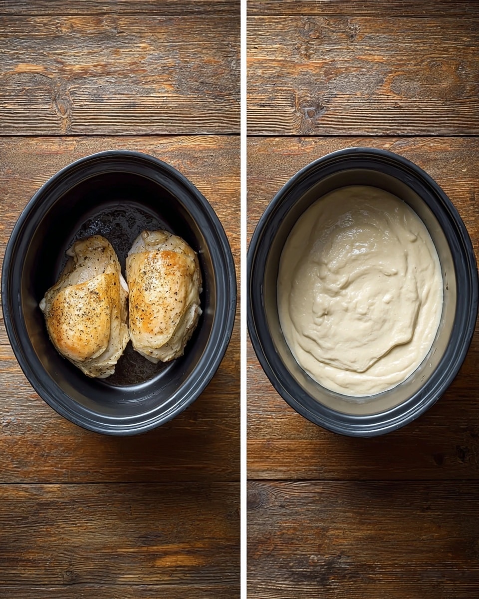 The image shows two black cooking pots placed side by side on a wooden surface. The left pot has two cooked pieces of light golden brown chicken with some black pepper seasoning on them, positioned in the center. The right pot contains a thick, creamy, light beige sauce spread evenly, covering the bottom with a smooth texture and gentle folds. photo taken with an iphone --ar 4:5 --v 7