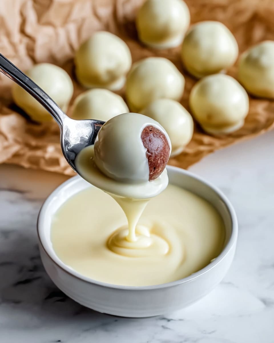 A shiny silver spoon holds a round brown ball that is half-covered in smooth white chocolate, dripping slightly. Below the spoon is a white bowl filled with creamy, glossy white chocolate. In the background, several similar white chocolate-covered balls are placed on crumpled brown parchment paper. The whole scene is set on a white marbled surface. photo taken with an iphone --ar 4:5 --v 7