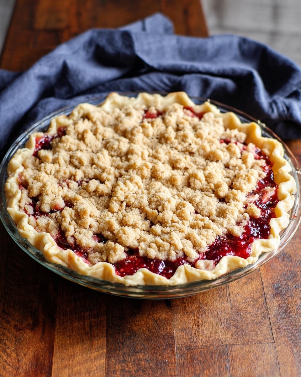 A round pie in a clear glass dish sits on a wooden table with a folded dark blue cloth behind it. The pie has three layers: a pale, crimped crust on the bottom and edges, a deep red fruit filling in the middle that is visible around the edges, and a crumbly, light tan streusel topping scattered unevenly across the top. The crust looks soft and slightly flaky, while the topping is rough and crumbly, covering most of the red filling. The setting has a warm, cozy feel with the wood and cloth, and the dish is centered in the image. Photo taken with an iphone --ar 4:5 --v 7