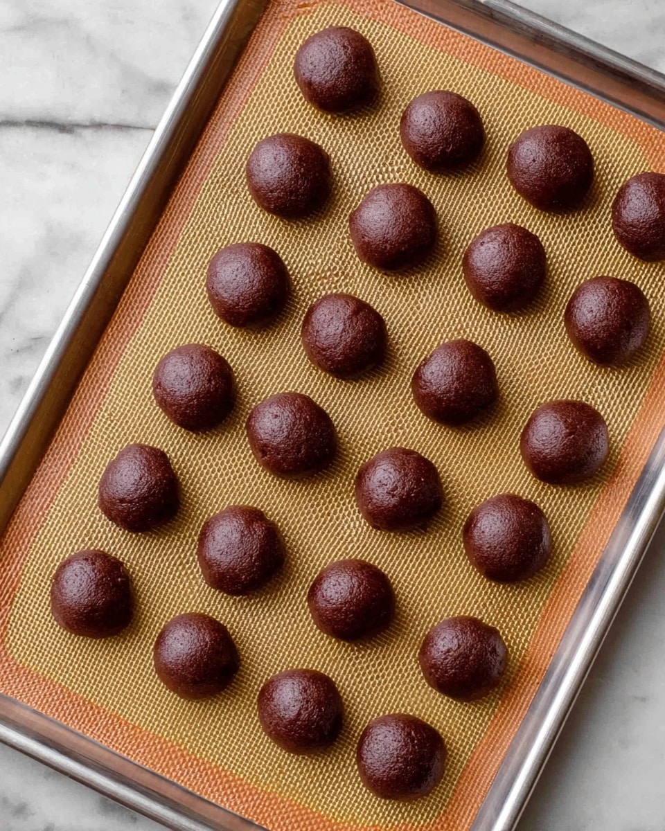 A baking tray lined with a tan silicone mat holds 21 dark brown round dough balls arranged evenly in rows and columns; each ball has a smooth, slightly shiny texture and is similar in size and shape. The tray has a silver metal frame and rests on a white marbled surface. photo taken with an iphone --ar 4:5 --v 7