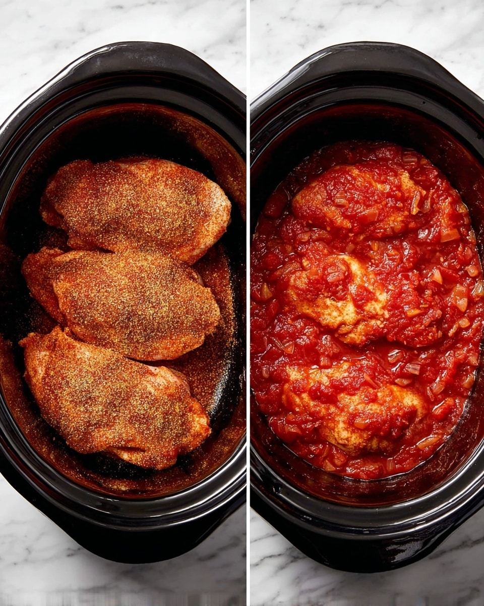 The image shows two black slow cooker pots side by side on a white marbled surface. The left pot contains four raw chicken pieces arranged in a single flat layer, sprinkled evenly with a brownish-red dry spice mix, giving a powdery texture on top. The right pot has the same four chicken pieces but now covered completely by a thick red tomato sauce with small chunks of vegetables visible, creating a glossy and textured surface that covers the chicken fully. The pots have a slightly rounded edge and the inside is dark and smooth. photo taken with an iphone --ar 4:5 --v 7
