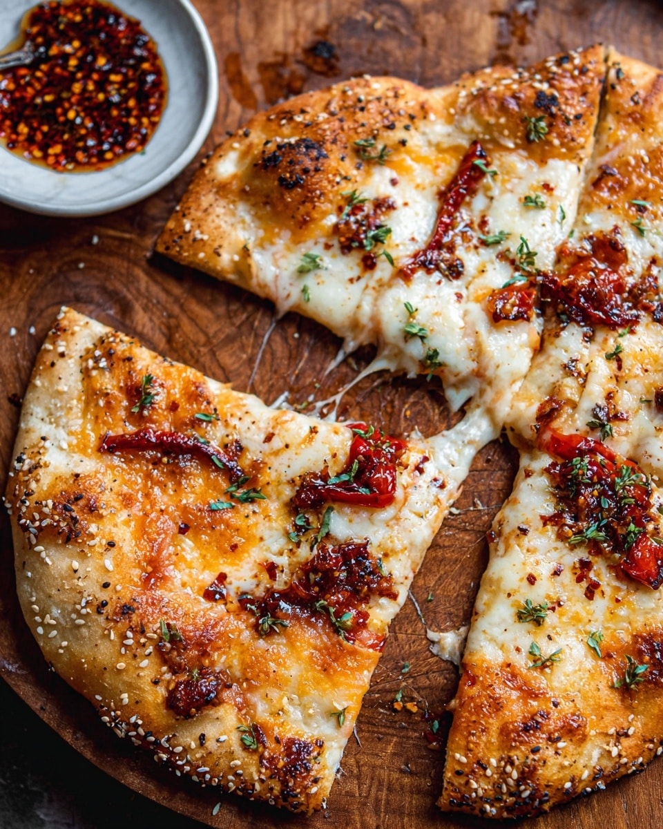 The image shows a round pizza with a thick, golden-brown crust covered with sesame seeds. The pizza has three main layers: a base of melted white cheese that spreads evenly across the pizza, a layer of orange-red tomato sauce blended into the cheese, and scattered pieces of slightly charred, roasted red peppers on top. There are also small green herbs sprinkled over the pizza. The pizza is on a wooden surface with some green microgreens near it and a white marbled surface in the background. A white bowl with more roasted red pepper pieces is partly visible behind the pizza. Photo taken with an iphone --ar 4:5 --v 7