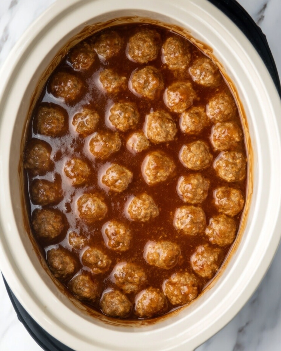 The image shows an oval white slow cooker filled with many small round meatballs covered in a thick brown sauce. The meatballs are evenly spread and fully covered by the sauce, which has a smooth texture with some small bits. The slow cooker rests on a white marbled surface, and no other items are visible. photo taken with an iphone --ar 4:5 --v 7