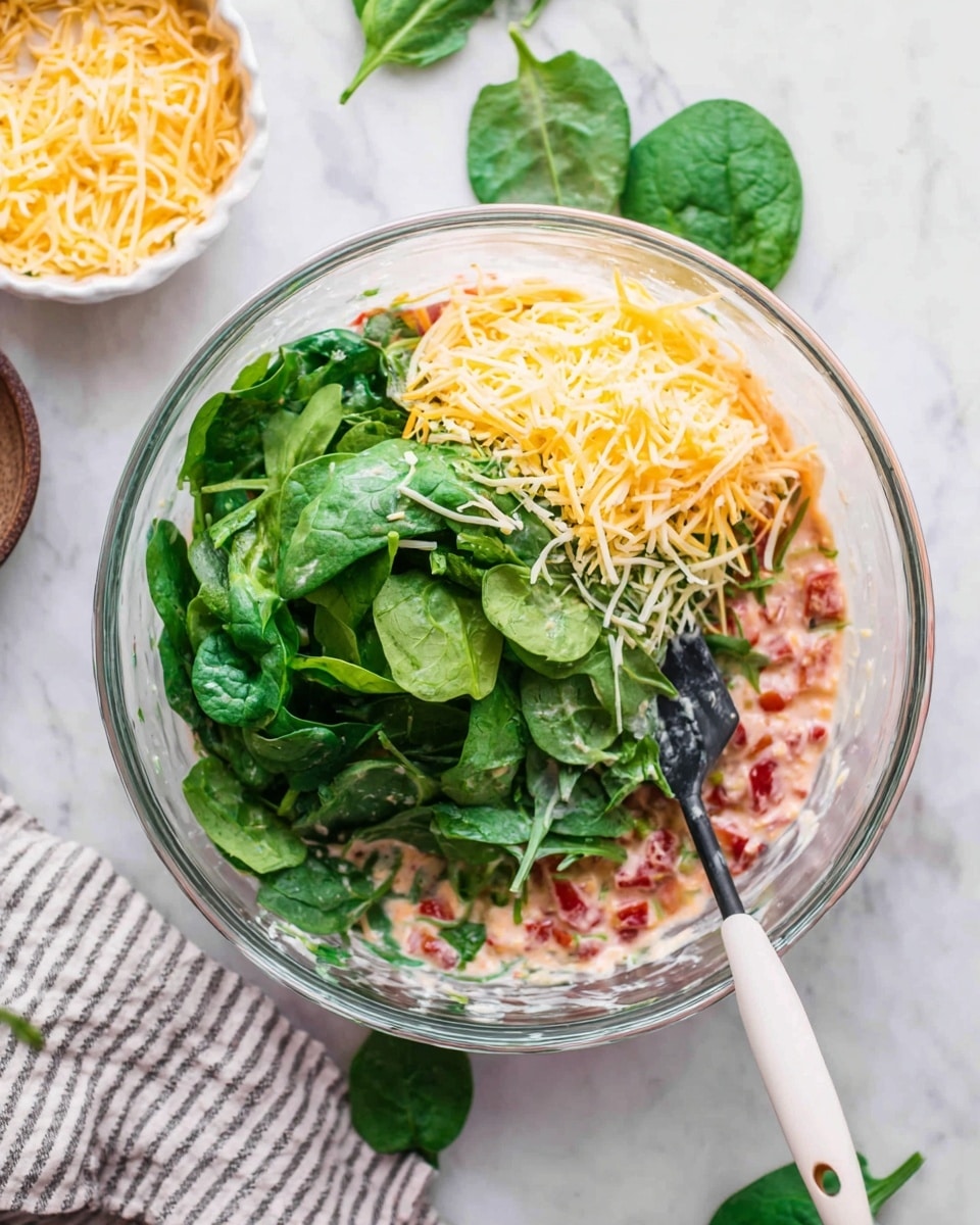 A clear glass bowl on a white marbled surface holds a colorful mixture with three visible layers: the bottom layer is a creamy pinkish sauce mixed with small red pieces, the middle layer has fresh green spinach leaves stacked on one side with some partly mixed in, and the top layer has a sprinkle of light yellow shredded cheese covering half the bowl. A black spatula with a white handle rests inside the bowl, lightly stirring the ingredients. Nearby on the surface are a few loose spinach leaves, a small white bowl filled with shredded cheese, and the edge of a white and gray striped cloth. A woman's hand is not shown but implied by the spatula placement. Photo taken with an iphone --ar 4:5 --v 7