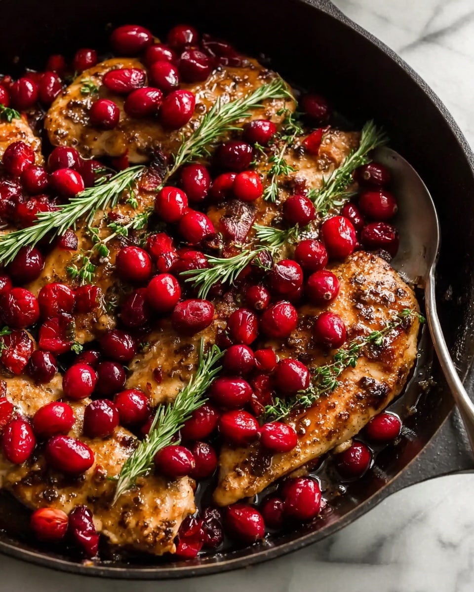 A close-up of a black cast iron pan filled with several golden brown chicken pieces layered with bright red cranberries scattered on top. Fresh green rosemary and thyme sprigs are spread over the chicken and cranberries, adding contrast. The chicken layers have a slightly crispy texture with some brown specks, and the cranberries look juicy and plump, glistening under soft light. The pan rests on a white marbled surface, and a silver spoon is partially visible on the right side, nestled among the food. photo taken with an iphone --ar 4:5 --v 7