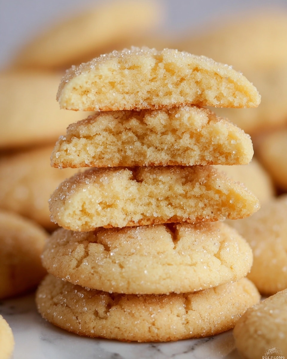 A close-up view of a stack of five soft, light golden brown cookies with a slightly crumbly texture and sugar crystals sparkling on their surface. The cookies are broken in half, showing their moist, fluffy interior layers arranged evenly on top of each other. The background has more whole cookies blurred out, all resting on a white marbled surface. photo taken with an iphone --ar 4:5 --v 7