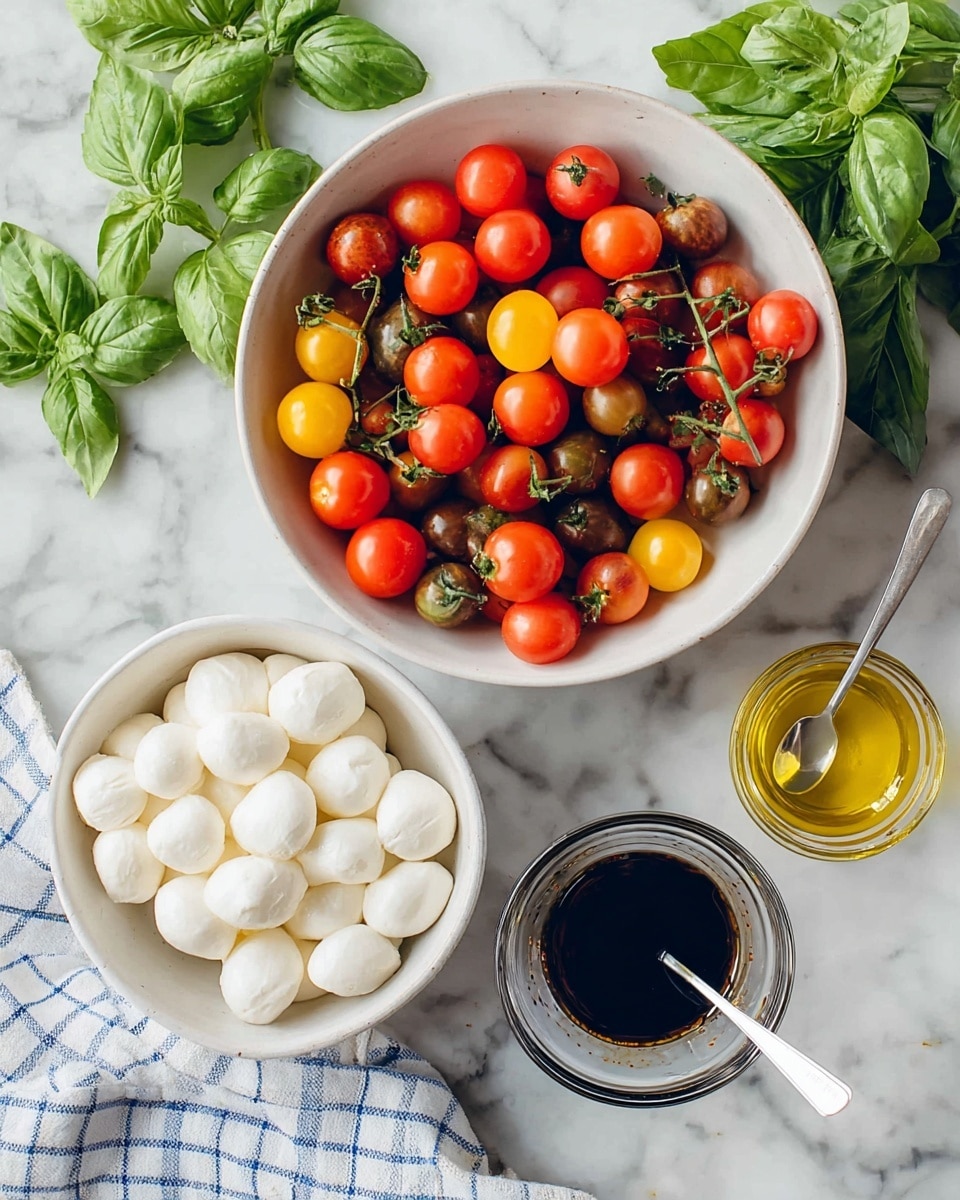 The image shows three white bowls on a white marbled surface with fresh ingredients for a dish. The largest bowl in the center holds a mix of small red, yellow, and dark red cherry tomatoes, some still on their green vine. To the left, another bowl is filled with white, smooth, round mozzarella balls. A small glass bowl on the right contains dark balsamic vinegar with a spoon inside. Fresh green basil leaves lie on the surface near the bowls, alongside a small jar of golden olive oil. A white cloth with a blue check pattern is partially visible at the bottom. Photo taken with an iphone --ar 4:5 --v 7
