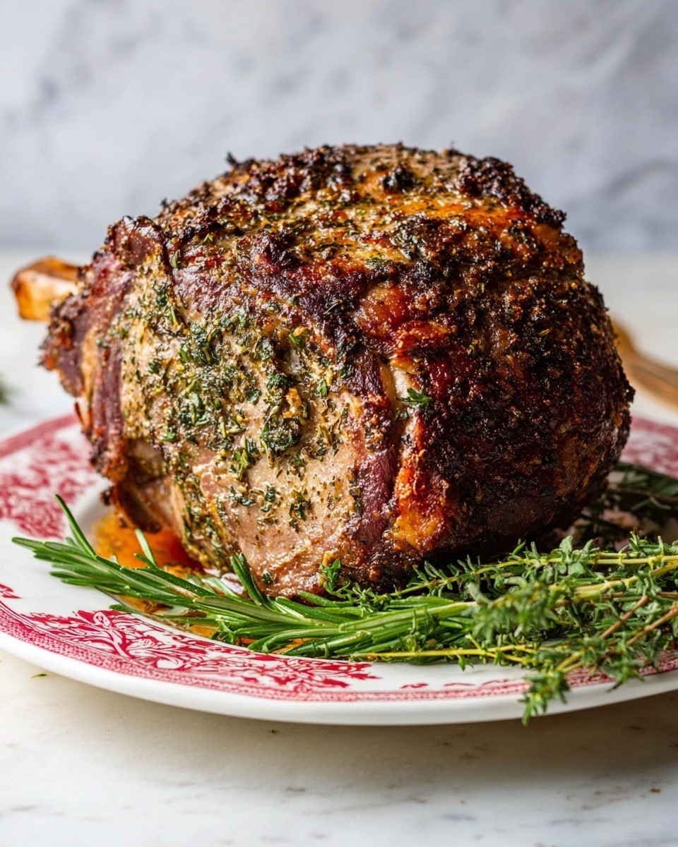 A large roasted meat piece sits in the center of a white plate with red decorative patterns. The meat has a rough outer layer of herbs and spices, showing a mix of green and brown colors from the herbs and the roasted surface. The top part of the meat has a darker crisp area, while the sides show a slightly lighter, browned texture. Around the meat on the plate, there are fresh green sprigs of rosemary and thyme adding contrast. The plate is placed on a white marbled surface with a soft focus background. photo taken with an iphone --ar 4:5 --v 7