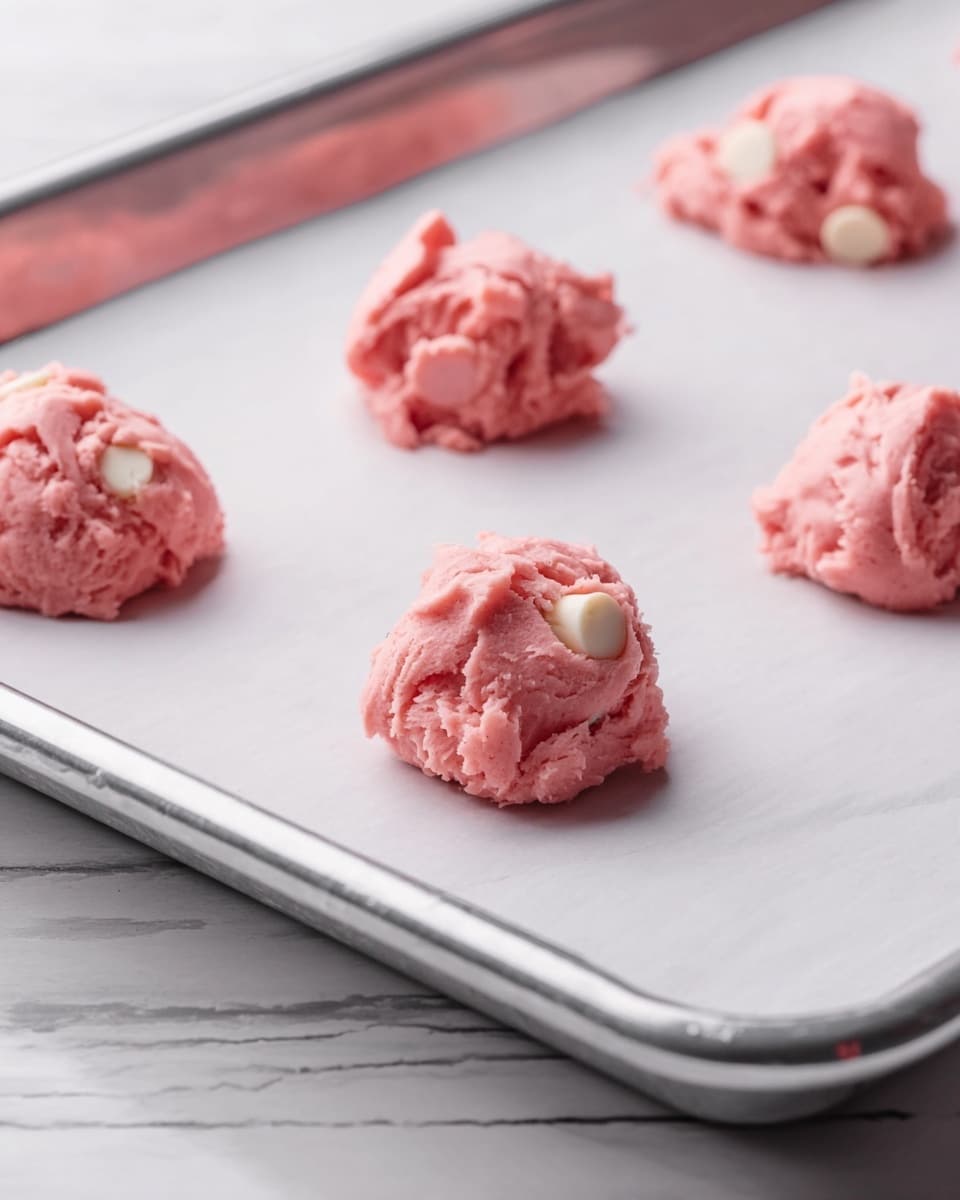 The image shows several dollops of pink cookie dough with white chocolate chunks on a baking tray covered with white parchment paper. Each dough scoop is uneven and textured, sitting apart from each other in a loose grid layout. The dough has a soft, creamy appearance with a mix of smooth and slightly rough edges, and the white chunks are embedded irregularly, standing out against the pink dough. The baking tray is metallic with a shiny surface, and it rests on a white marbled textured surface. photo taken with an iphone --ar 4:5 --v 7