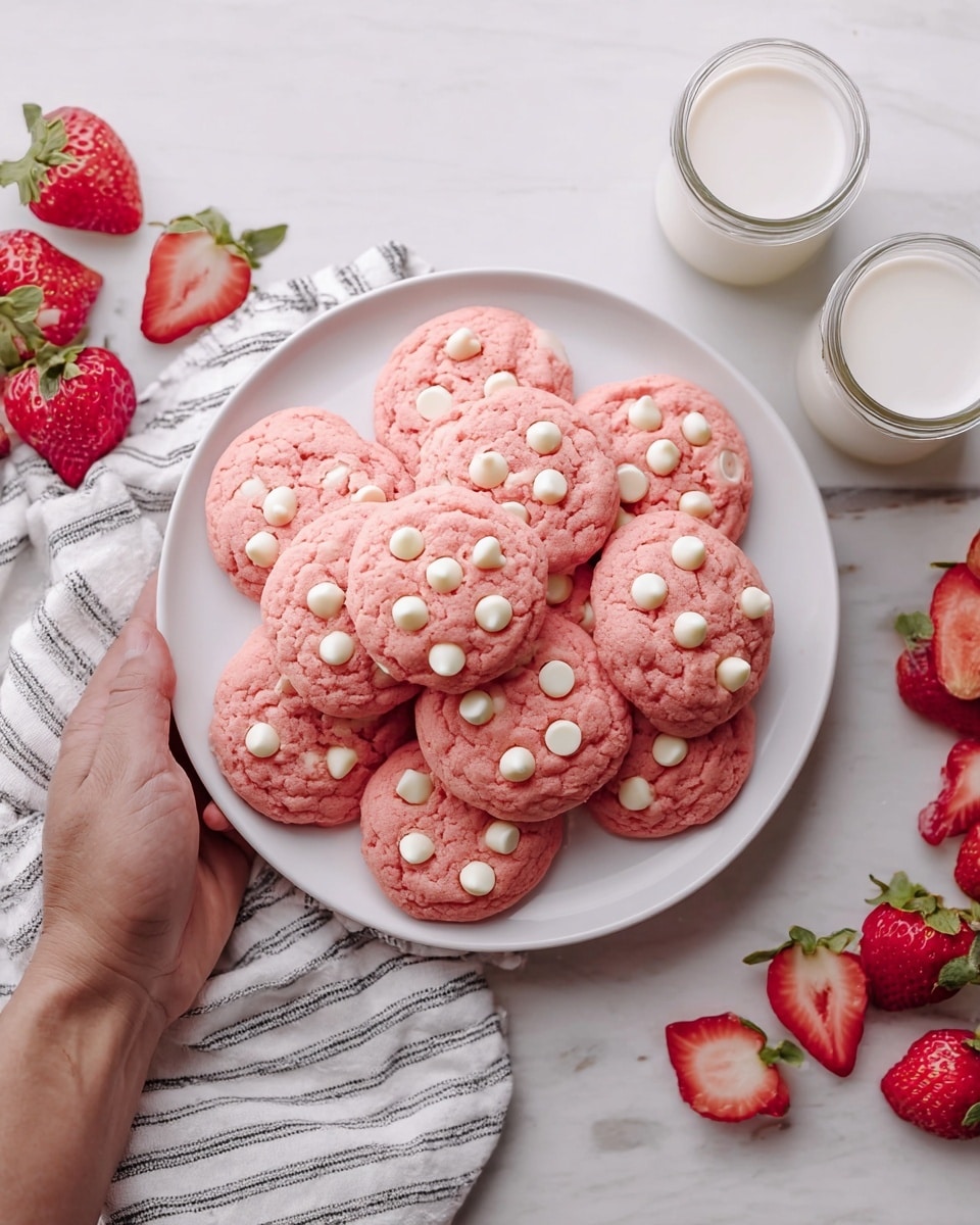 A white plate filled with about ten round pink cookies stacked slightly unevenly, each cookie dotted with seven white chocolate chips on top, showing a soft, rough texture. The plate is held by a woman's hand on a white marbled surface surrounded by fresh whole strawberries and strawberry halves on the left and right sides. To the right behind the plate, there are two clear glasses filled with milk. A white cloth with thin black stripes lies partially to the left of the plate. photo taken with an iphone --ar 4:5 --v 7