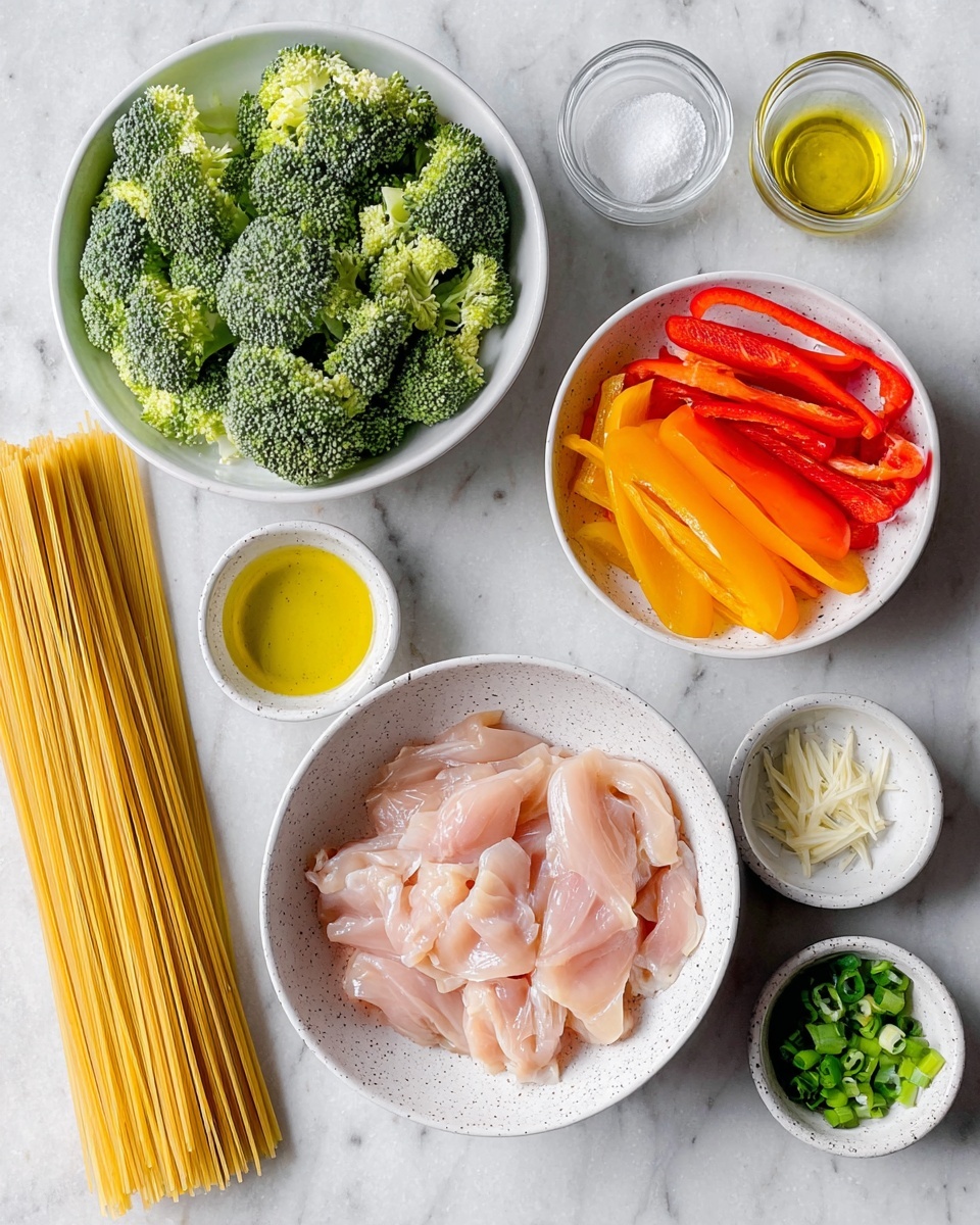 Chicken Lo Mein with Vegetables and Sesame-Ginger Sauce Recipe 4 The image shows several ingredients arranged neatly on a white marbled background. In the center, there is a white bowl with speckled dots filled with raw pale pink chicken slices layered loosely. To the top left, a white bowl holds bright green broccoli florets with a fresh texture. Above the chicken bowl, two small clear glass bowls hold white powder and golden oil. To the right of the chicken, a white bowl contains long red, orange, and yellow bell pepper strips stacked vertically. Below the chicken and to the left, a small clear bowl holds minced garlic next to a small glass bowl with yellow oil. At the bottom left, a white oval plate holds a neat bundle of dry golden spaghetti. Near the bottom center right, a small white bowl with green chopped spring onions is placed beside a tiny white speckled cup with salt and another small clear bowl of oil. photo taken with an iphone --ar 4:5 --v 7