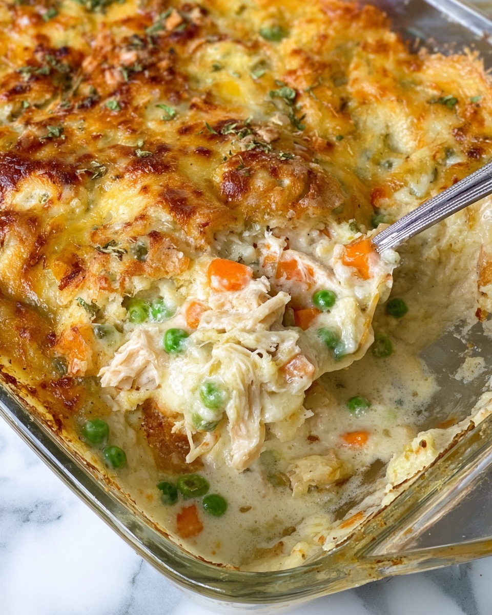 Chicken Cobbler Recipe 5 The image shows a close-up of a creamy baked casserole in a clear glass dish on a white marbled surface. The top layer is golden brown and slightly crusty with melted cheese and browned edges. Below, there is a thick, creamy mixture with visible small green peas and orange carrot pieces scattered throughout. White shredded pieces, likely chicken, are mixed into the creamy sauce, which has a smooth, rich texture. A silver serving spoon is scooping out some of the casserole, revealing the cheesy, soft layers underneath. The photo was taken with an iphone --ar 4:5 --v 7