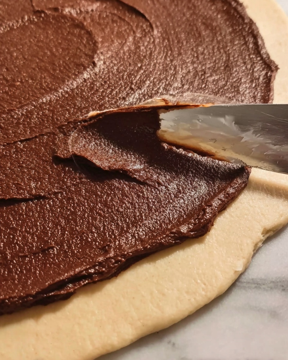 Cinnamon Roll Cookies Recipe 4 A close-up view showing a flat round dough layer with a smooth beige color at the bottom, topped by a thick, dark brown spread being evenly spread by a metal knife with a silver blade. The dark brown layer has a rich, creamy texture covering most of the dough surface. The background is a white marbled texture. photo taken with an iphone --ar 4:5 --v 7
