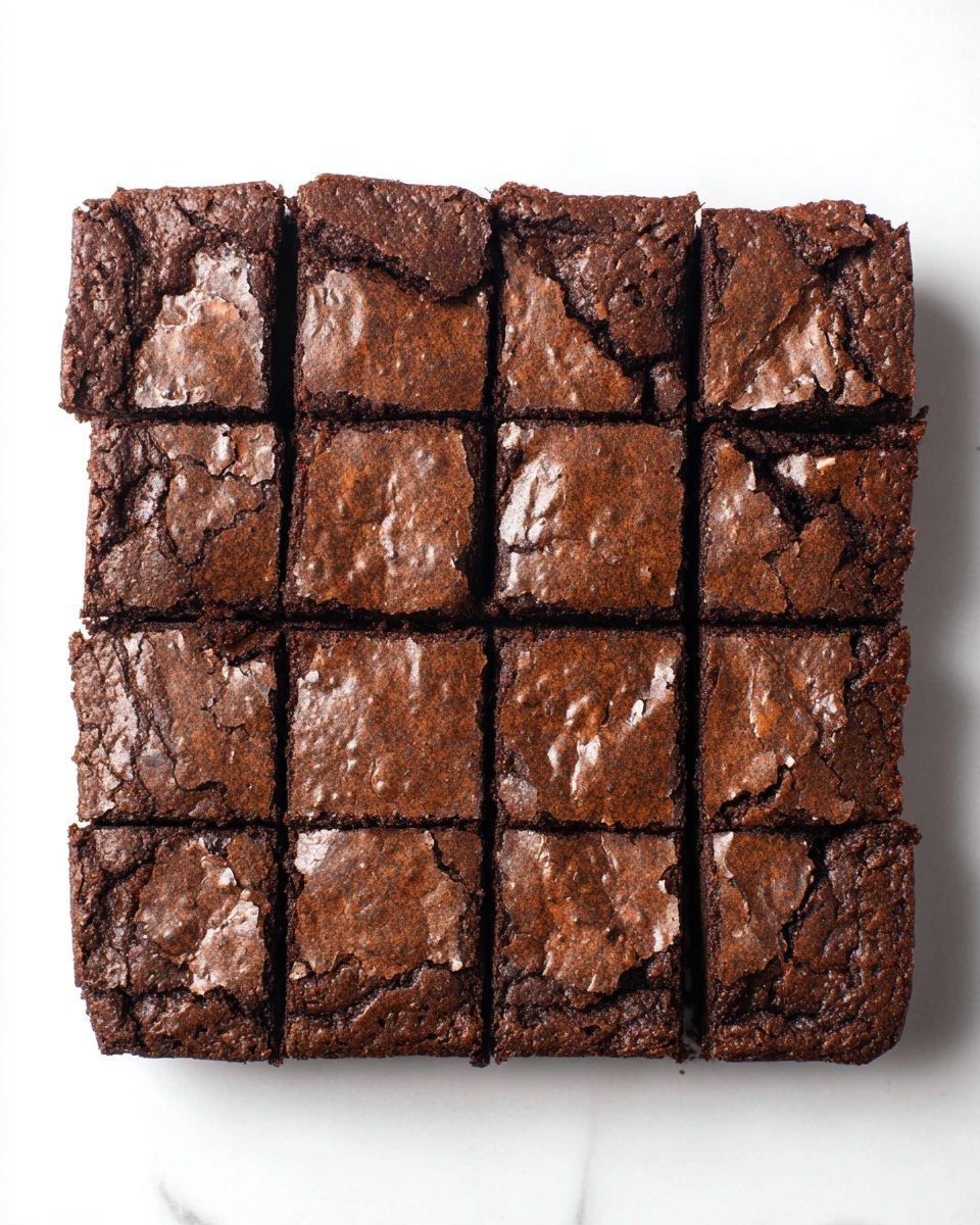 Peppermint Mocha Brownies Recipe 5 A square batch of dark brown brownies is shown from above, divided into 16 even small squares by clean cuts. The top layer is slightly shiny with a cracked crust texture, showing a rich dense inside. The edges are a bit uneven but firm, with a deep chocolate color contrasting with the lighter brown cracks. It is placed on a white marbled surface. photo taken with an iphone --ar 4:5 --v 7