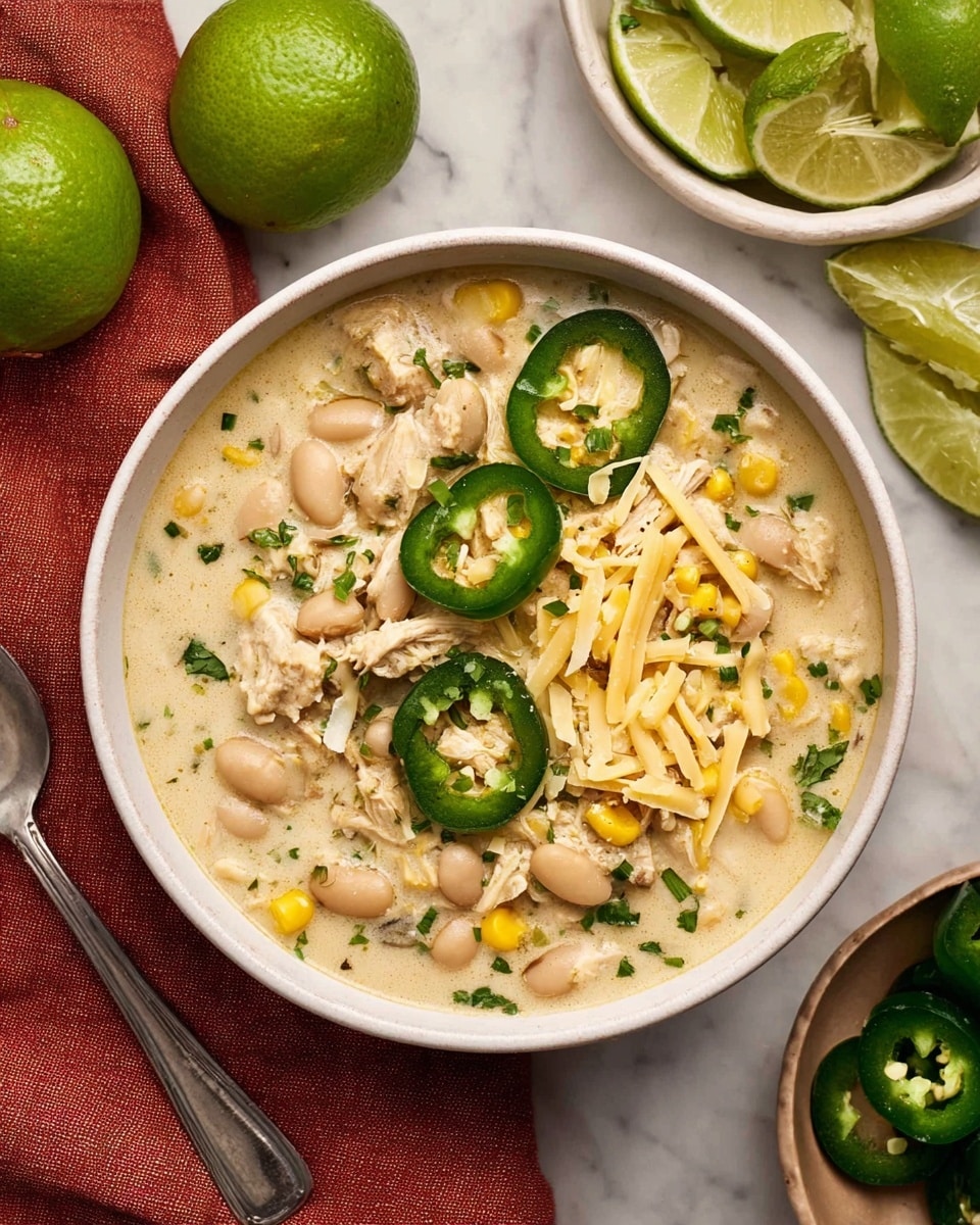 A white bowl filled with creamy chicken chili showing multiple layers: a base of creamy pale beige broth mixed with soft white beans and small chunks of shredded light tan chicken, topped with bright yellow corn kernels and sprinkled finely with chopped green herbs. On top, there are three thick, dark green jalapeño slices arranged on one side, and a generous amount of shredded pale yellow cheese scattered over the chili. The bowl rests on a white marbled surface, surrounded by halved fresh bright green limes and a small white bowl of sliced dark green jalapeños. A silver spoon sits near the bowl on a reddish cloth. Photo taken with an iphone --ar 4:5 --v 7
