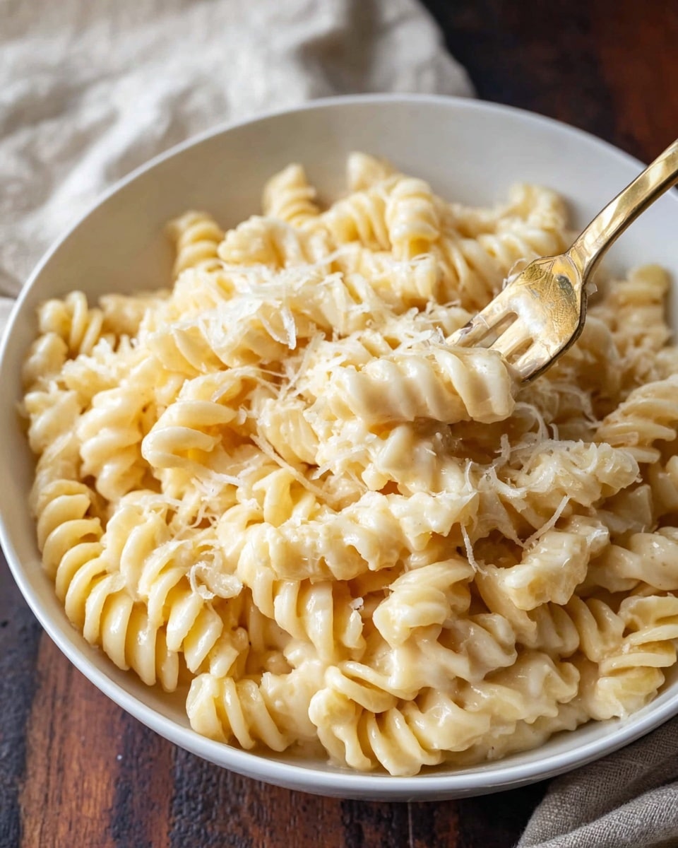 A white bowl filled with creamy macaroni pasta with spiral shapes, all coated lightly in a smooth pale yellow cheese sauce. Some white grated cheese is sprinkled on top, creating a soft texture contrast. A gold fork rests inside the bowl, lifting a small pile of pasta. The bowl sits on a dark wooden surface with a beige cloth in the background, and the overall scene is softly lit, emphasizing the creamy and smooth texture of the pasta. photo taken with an iphone --ar 4:5 --v 7