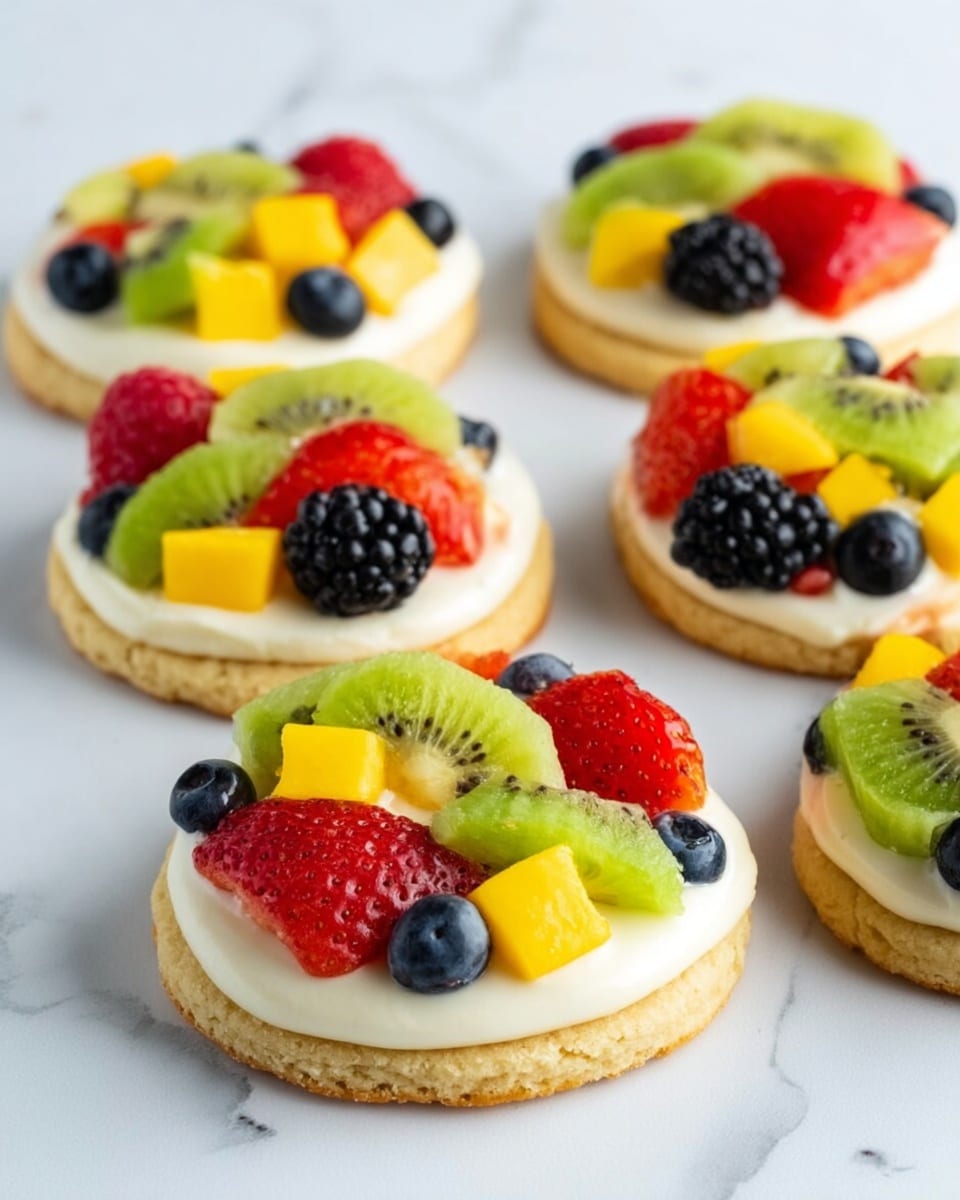 The image shows several round cookies placed close to each other on a white marbled surface. Each cookie has three layers: the bottom layer is a light golden-brown cookie base with a slightly rough texture, the middle layer is smooth white frosting spread evenly, and the top layer is a colorful mix of fresh fruit arranged neatly. The fruit pieces include bright green kiwi slices with black seeds, small red strawberries cut into pieces, plump dark blue blueberries, deep red raspberries, small black blackberries, and yellow mango chunks. The fruit pieces form a bright, fresh contrast against the white frosting and cookie. Photo taken with an iphone --ar 4:5 --v 7