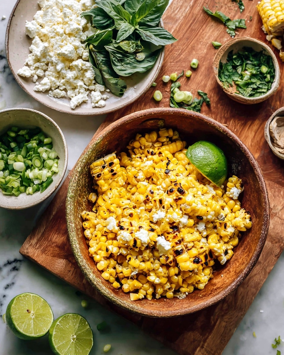 A rustic bowl filled with bright yellow grilled corn kernels charred with small black spots, topped with a squeezed lime half showing its green pulp, placed on a wooden board. Around the bowl, there is a white plate with crumbly white cheese and green basil leaves on top, a small white bowl holding fresh green chopped herbs, bright green chopped scallions scattered nearby, and a couple of fresh lime pieces with glossy skin. The entire scene is set on a white marbled texture surface. photo taken with an iphone --ar 4:5 --v 7