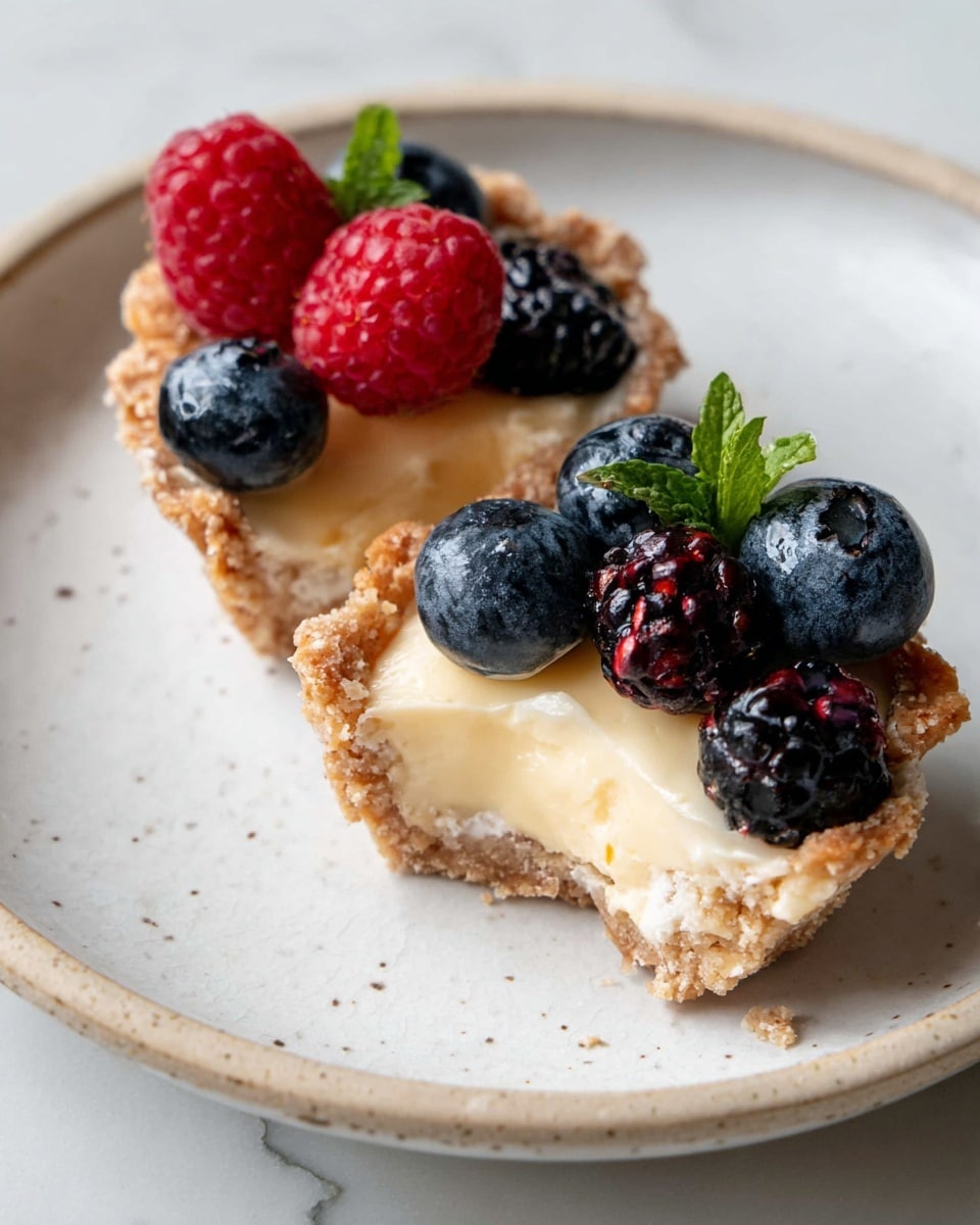 The image shows two small tart halves placed on a white plate with slight speckled texture. Each tart has a crumbly, light brown crust layer. Inside, there is a thick creamy, pale yellow filling. On top of the filling, one tart half is decorated with two red raspberries and three dark blue blueberries along with a small green mint leaf, while the other tart half has several shiny blackberries, some blueberries, and a small green mint leaf as well. The plate is set on a white marbled surface. The overall scene is bright and detailed, focusing closely on the tarts. photo taken with an iphone --ar 4:5 --v 7