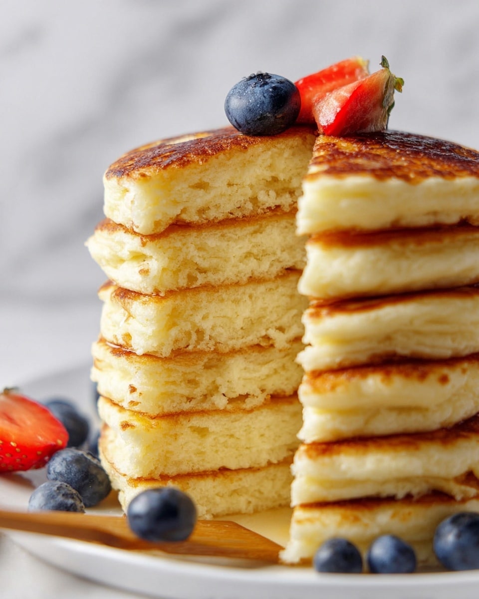 A tall stack of seven thick, golden-brown pancakes sits on a white plate against a white marbled background. The pancakes show a soft, fluffy texture inside with slightly crispy edges. On top of the stack, there are two fresh blueberries and one sliced strawberry, adding a touch of deep blue and bright red color. More blueberries are placed around the base of the plate. A small wooden spatula is partially visible at the front, touching the bottom pancake. Photo taken with an iphone --ar 4:5 --v 7
