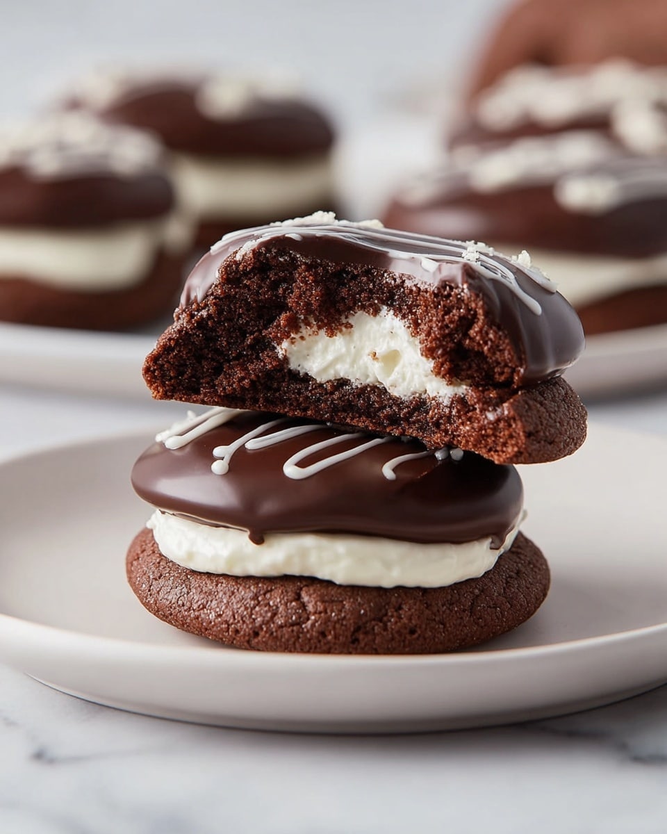A dessert with two layers of soft, dark brown chocolate cookie, stacked on a white plate. Between the two cookie layers, there is a thick, smooth white cream filling. On top of the upper cookie's surface, there is a glossy dark chocolate layer decorated with a squiggly line of white icing. The background shows a white marbled texture and other similar desserts blurred out. Photo taken with an iphone --ar 4:5 --v 7