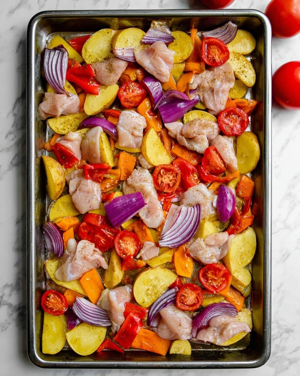 A metal baking tray filled with a mix of light pink raw chicken pieces layered with yellow roasted potato slices, bright red and orange bell pepper chunks, deep purple onion wedges, and fresh red tomato slices scattered evenly across the tray. The tray sits on a white marbled surface, with two whole red tomatoes and one red bell pepper placed partially in the frame near the top corners. The colors are bright and fresh, showing a mixture of soft textures from the raw chicken and roasted vegetables. photo taken with an iphone --ar 4:5 --v 7