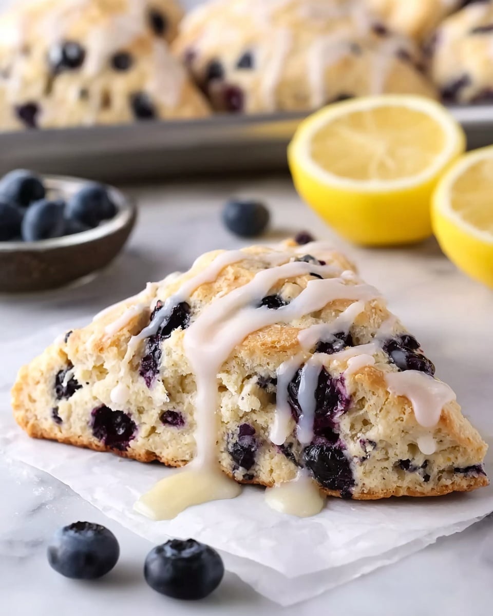 A scone shaped like a triangle sits on a piece of white parchment paper on a white marbled surface. This scone has a light golden outside with a soft, crumbly texture inside, dotted with many dark blue blueberries scattered throughout the dough. A thin drizzle of white glaze lightly coats the top and trickles down the sides. In the background, out of focus, there are two lemon halves and more loose blueberries, along with a metal tray holding more scones. The photo taken with an iphone --ar 4:5 --v 7