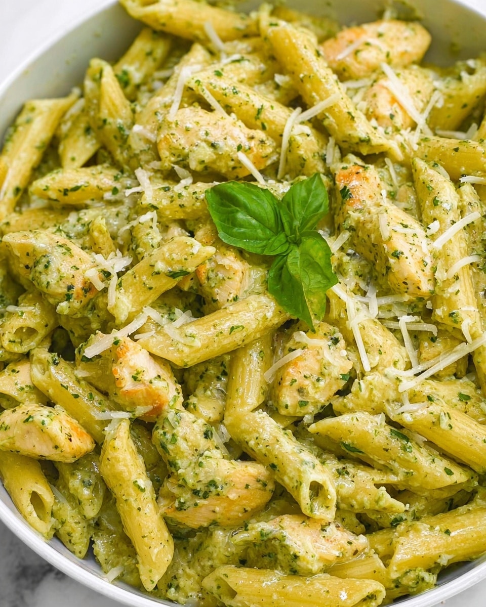 The image shows creamy penne pasta mixed with small pieces of chicken, all coated in a green herb sauce. The pasta and chicken are well covered in the sauce, giving a smooth texture with specks of herbs visible throughout. Shredded white cheese is sprinkled on top, adding a slightly grainy layer, and a small green basil leaf rests on the surface as garnish. The dish is presented in a white bowl against a white marbled surface. photo taken with an iphone --ar 4:5 --v 7