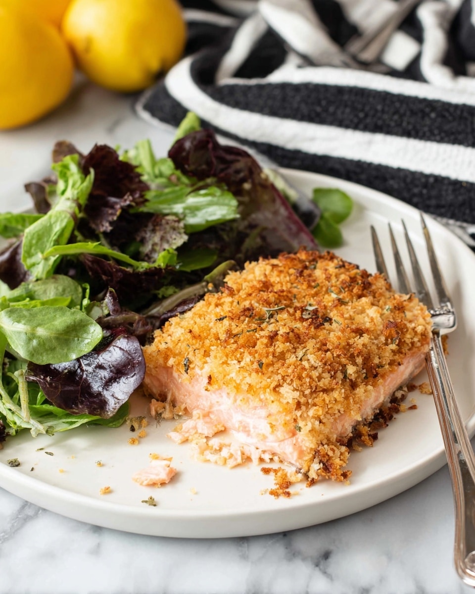 A white plate on a white marbled surface holds a piece of salmon with two layers: the bottom layer is light pink with a soft texture, and the top layer is a golden brown crunchy crumb coating. Next to the salmon, there is a small pile of mixed leafy greens in shades of dark purple and green with a slight shine. A silver fork rests on the greens, angled toward the salmon. In the background, a striped black and white cloth is partially visible with two yellow lemons. Photo taken with an iphone --ar 4:5 --v 7