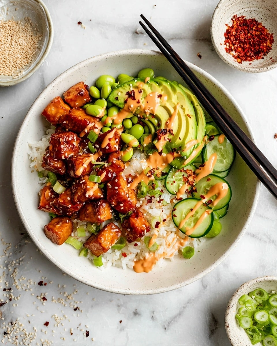 This dish shows a white bowl filled with three layers. The bottom layer is white rice, soft and fluffy. On top of the rice is a layer of bright green edamame beans scattered around. The top layer has many small dark reddish-brown cubes of tofu glazed with a shiny sauce, sprinkled with white sesame seeds and red chili flakes for texture. A woman's hand holding black chopsticks is lifting one glazed tofu cube, showing its glossy surface and details. The background is a white marbled texture. photo taken with an iphone --ar 4:5 --v 7