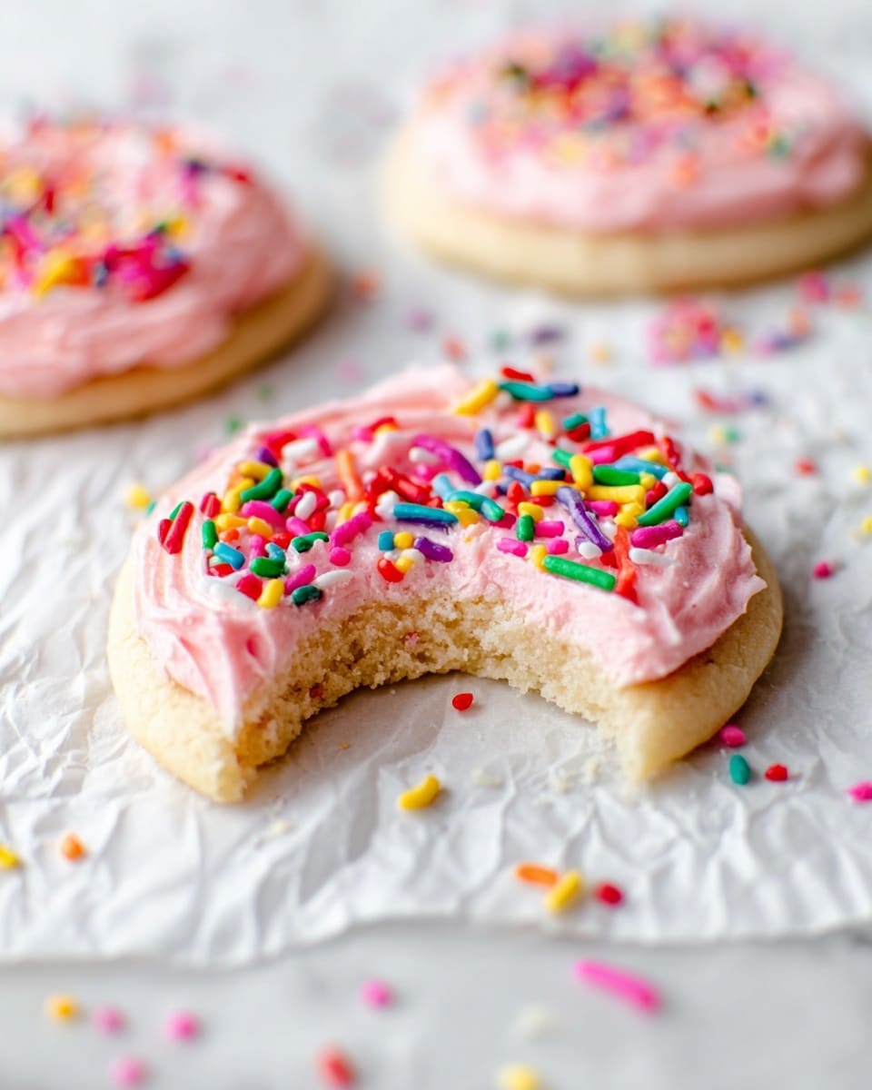 The image shows several round cookies each with one layer of light golden dough topped with a thick, smooth layer of bright pink frosting that has a soft, creamy texture. On top of the frosting, colorful long sprinkles in red, blue, purple, yellow, orange, white, and green are scattered unevenly, adding a playful look. The cookies lie on a silver cooling rack placed on a white marbled texture surface, with some sprinkles spilled around them. The focus is sharp on the closest cookie, with a slight blur on the others in the background, creating a light and cheerful scene. photo taken with an iphone --ar 4:5 --v 7